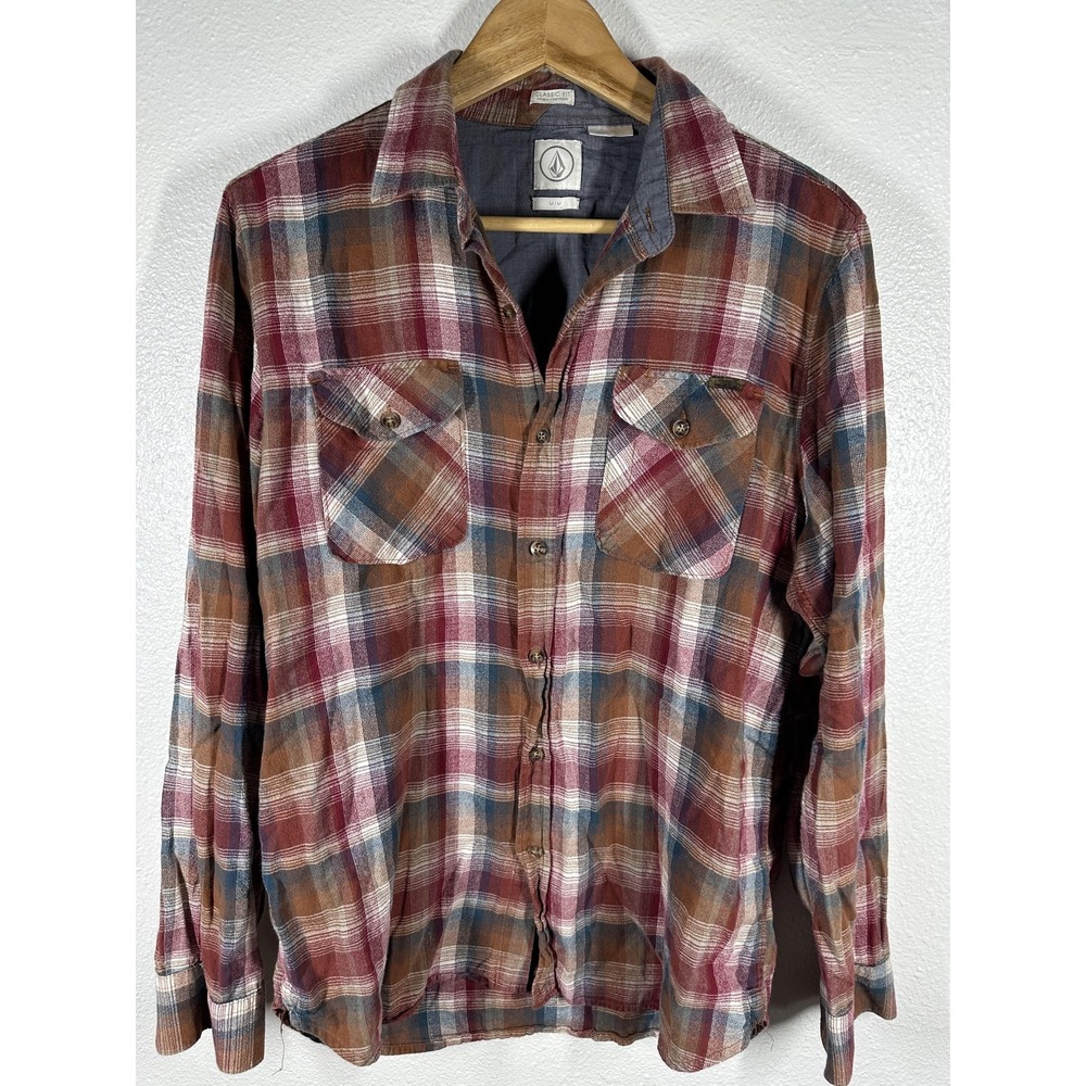 Volcom Shirt Mens Medium Red Brown Blue Plaid Flannel Button Front Long Sleeve